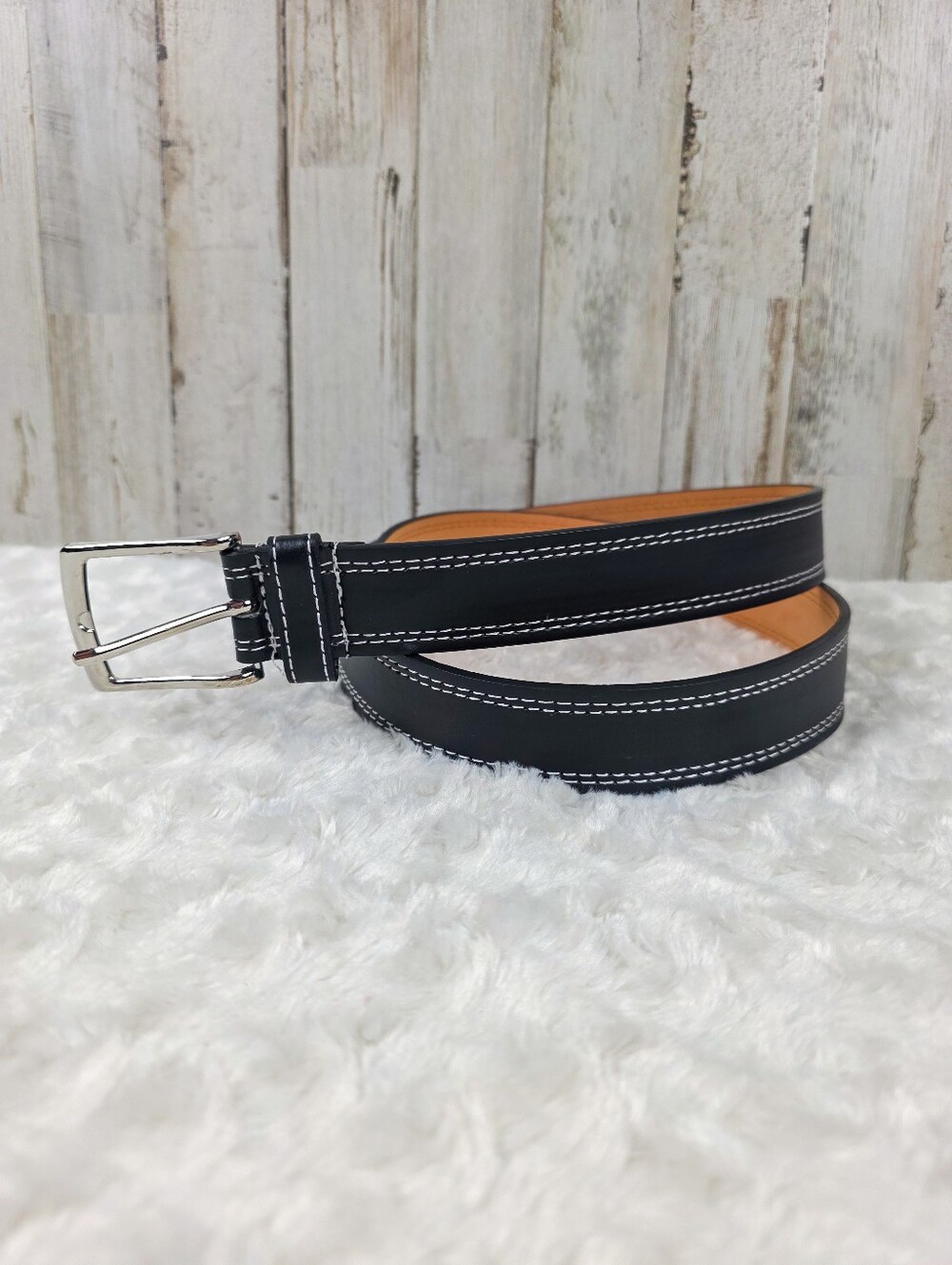 Classic Black Leather Men's Belt with Contrast Stitching Size Large 38-40